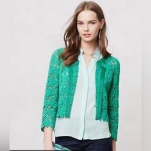 Elevenses Anthropologie Green Lace Open Front Jacket Cardigan Size L